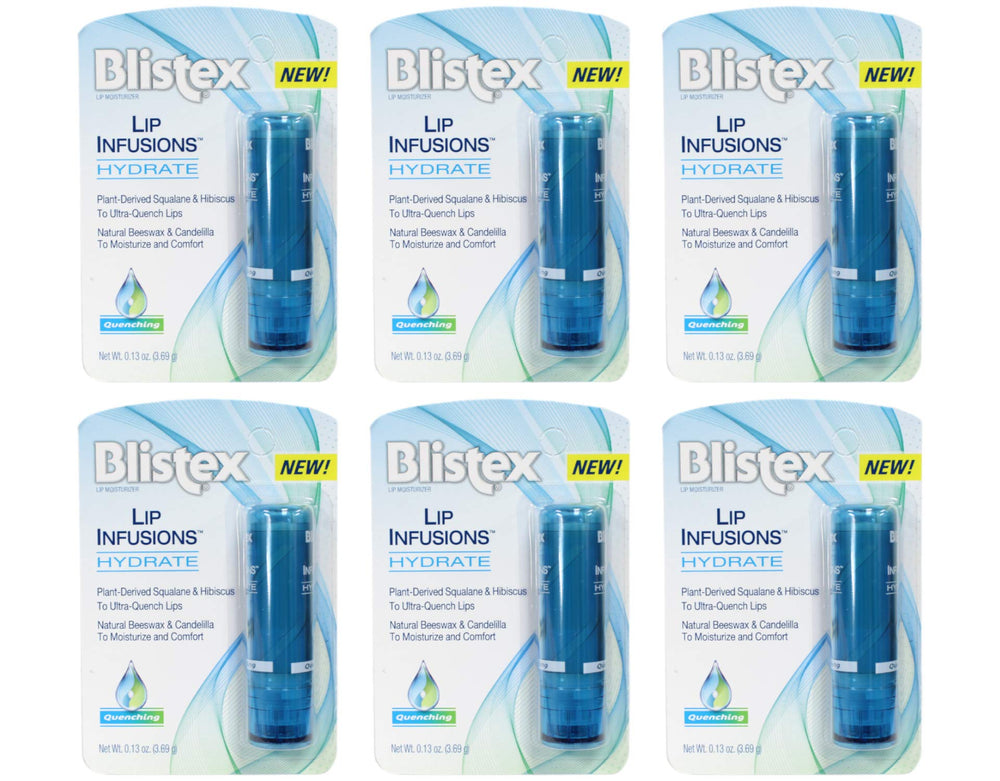 Blistex Lip Infusions front packaging showing six mini sticks and brand for quick hydration