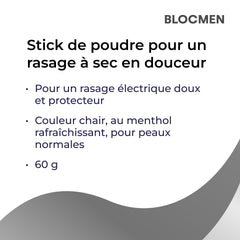 Blocmen pre shave stick close-up texture showing fine powder granules to reduce drag