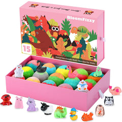 BloomFizzy front packaging showing 15-pack jungle bath bombs, gift-ready appeal