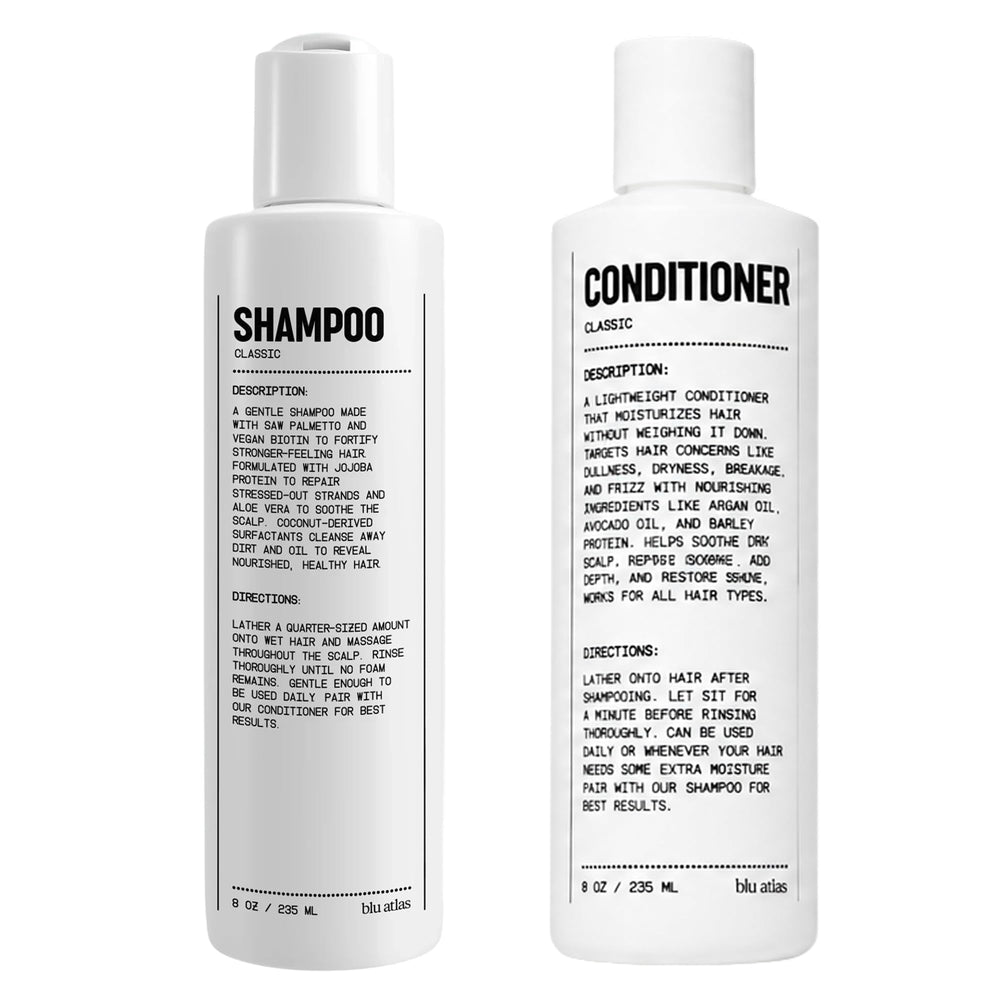 Blu Atlas front packaging showing shampoo and conditioner for simple grooming
