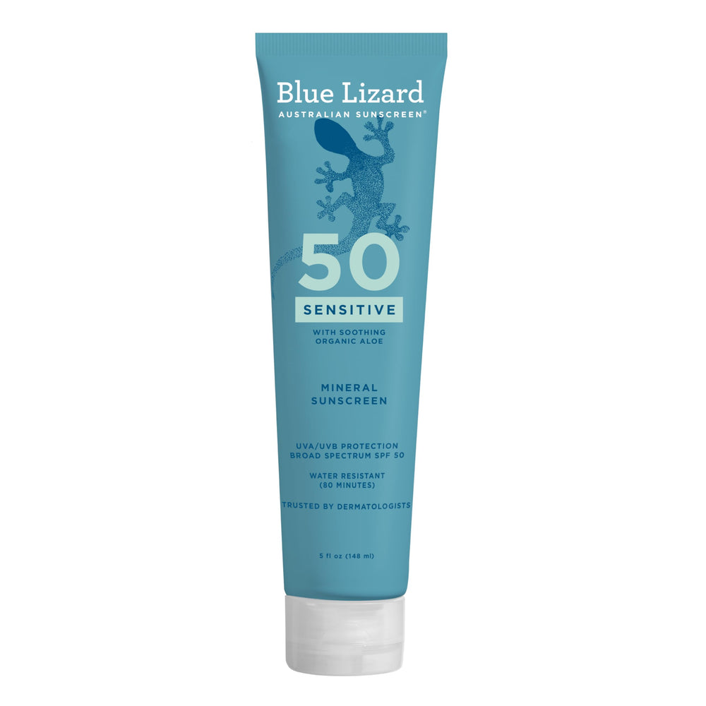 Blue Lizard front tube showing SPF 50 for sensitive skin protection