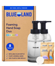 BLUELAND Forever Bottle front view showing reusable glass and pump, promotes sustainability
