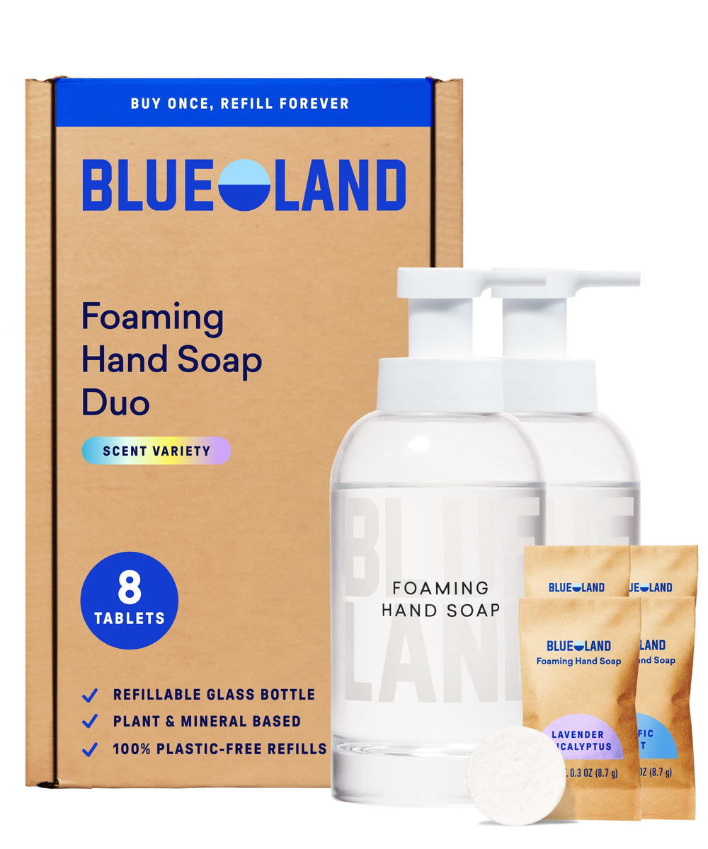 BLUELAND forever bottle front view showing reusable dispenser and clean design benefit