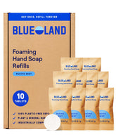 BLUELAND Forever Bottle front view showing sleek glass and pump for refill convenience