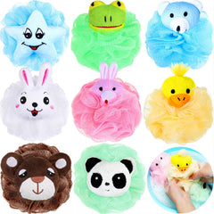 Boao front packaging showing eight colorful animal loofahs and easy storage benefit