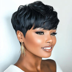 BOBCOO front view pixie wig showing natural black style and instant polish