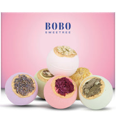 BoboSweeTree front packaging showing six bath bombs and pink gift box for easy gifting