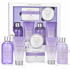 BODY & EARTH gift box front view showing lavender ribbon and ready-to-gift presentation