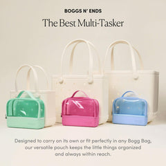 BOGG BAG interior packed with chargers and earbuds for organized travel benefit