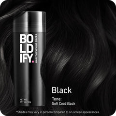 Boldify black jar open with powder visible, demonstrating easy application