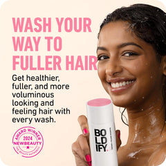 Boldify pump dispensing shampoo illustrating easy application and control