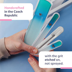 Bona Fide Beauty travel glass nail file held in hand for on-the-go nail care
