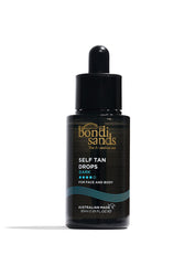 Bondi Sands front packaging showing dark drops and product name, highlights portable design