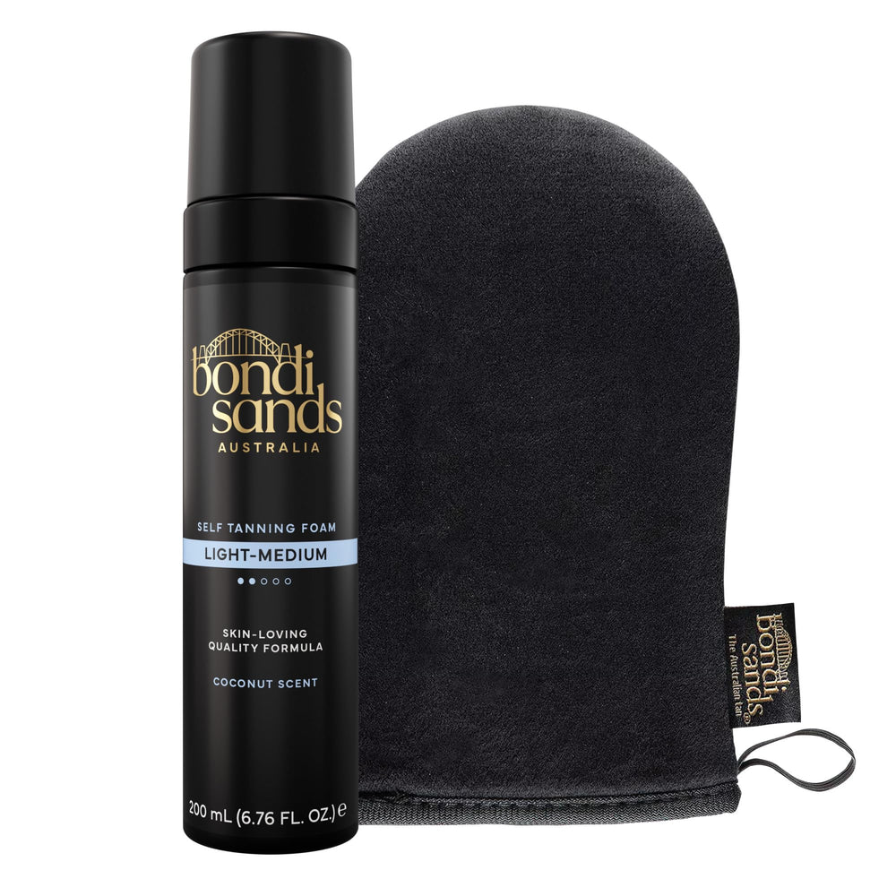 Bondi Sands front packaging showing foam can and mitt, clear product identification