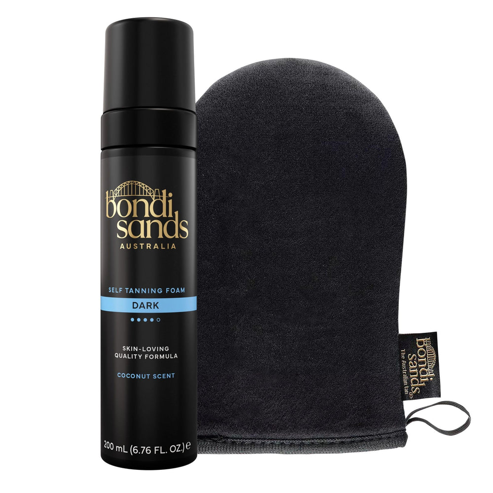 Bondi Sands front packaging showing dark self tanning foam, quick application benefit