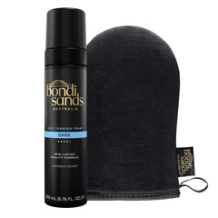 Bondi Sands front packaging showing dark self tanning foam, quick application benefit