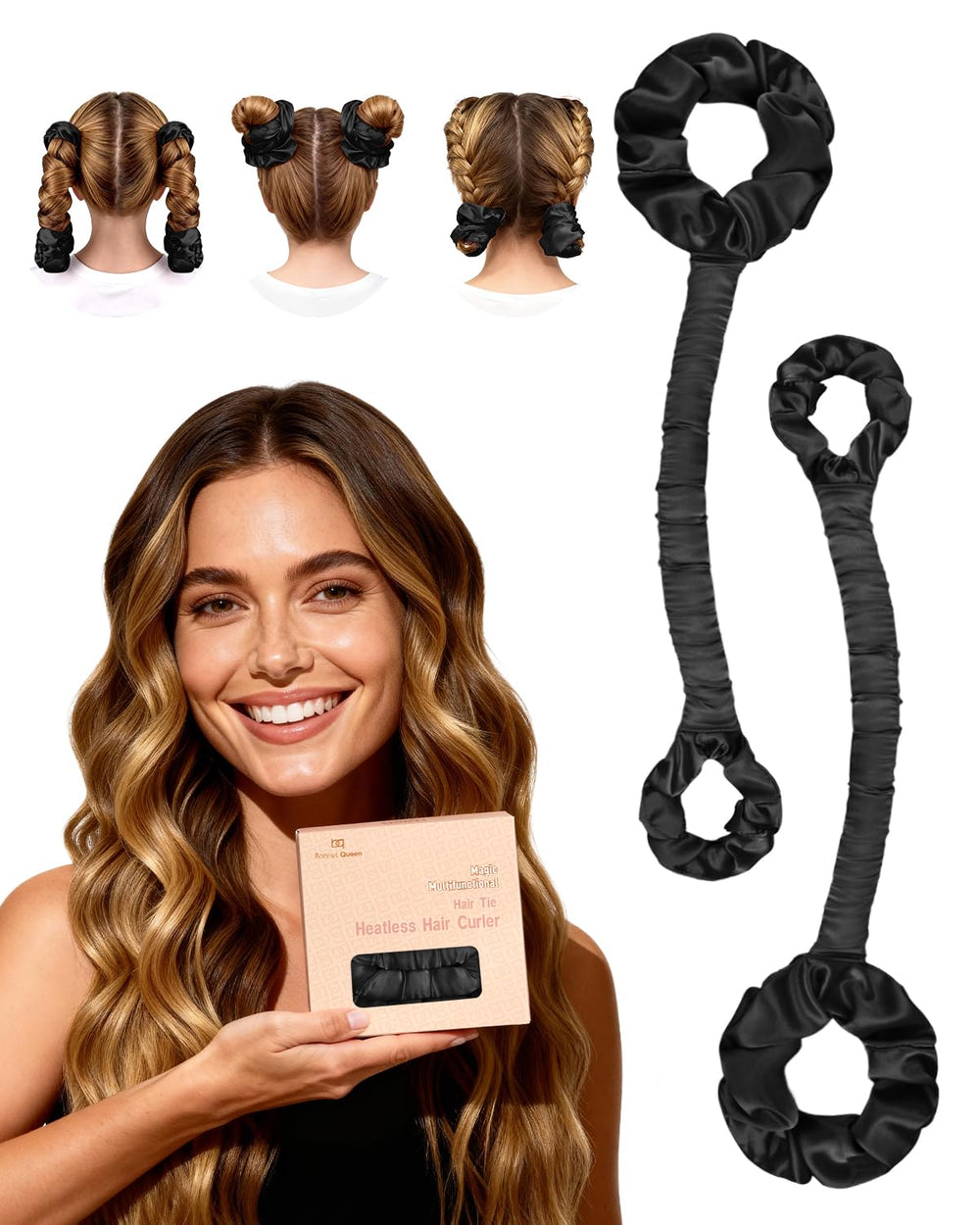 BONNET QUEEN front view of two medium satin heatless curlers showing packaging and benefit