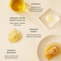 BOOM! by Cindy Joseph ingredients display olive oil and honey highlighting natural formulation benefit
