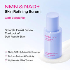 BOOSTION label close-up highlighting NMN, NAD+ and bakuchiol for clarity
