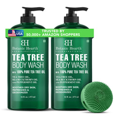 Botanic Hearth front packaging showing 16 fl oz tea tree body wash and brush for refreshed skin