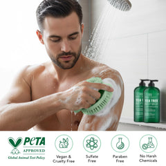 Botanic Hearth wash and brush in hand demonstrating easy lathering and controlled cleansing