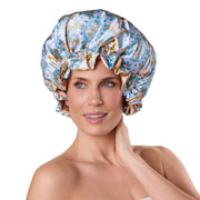 Bounce Curl bonnet front view in teal showing full coverage and protection