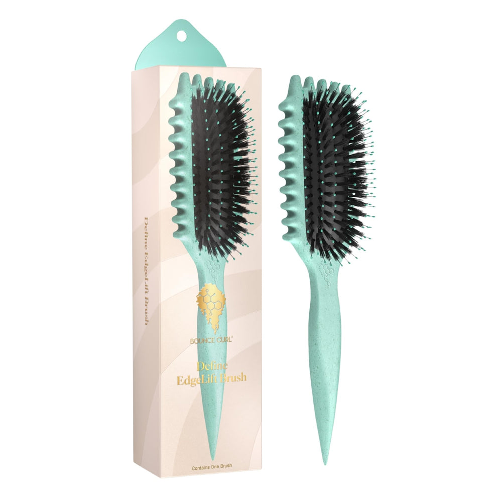 Bounce Curl brush front view showing teal design and ergonomic shape for easy styling