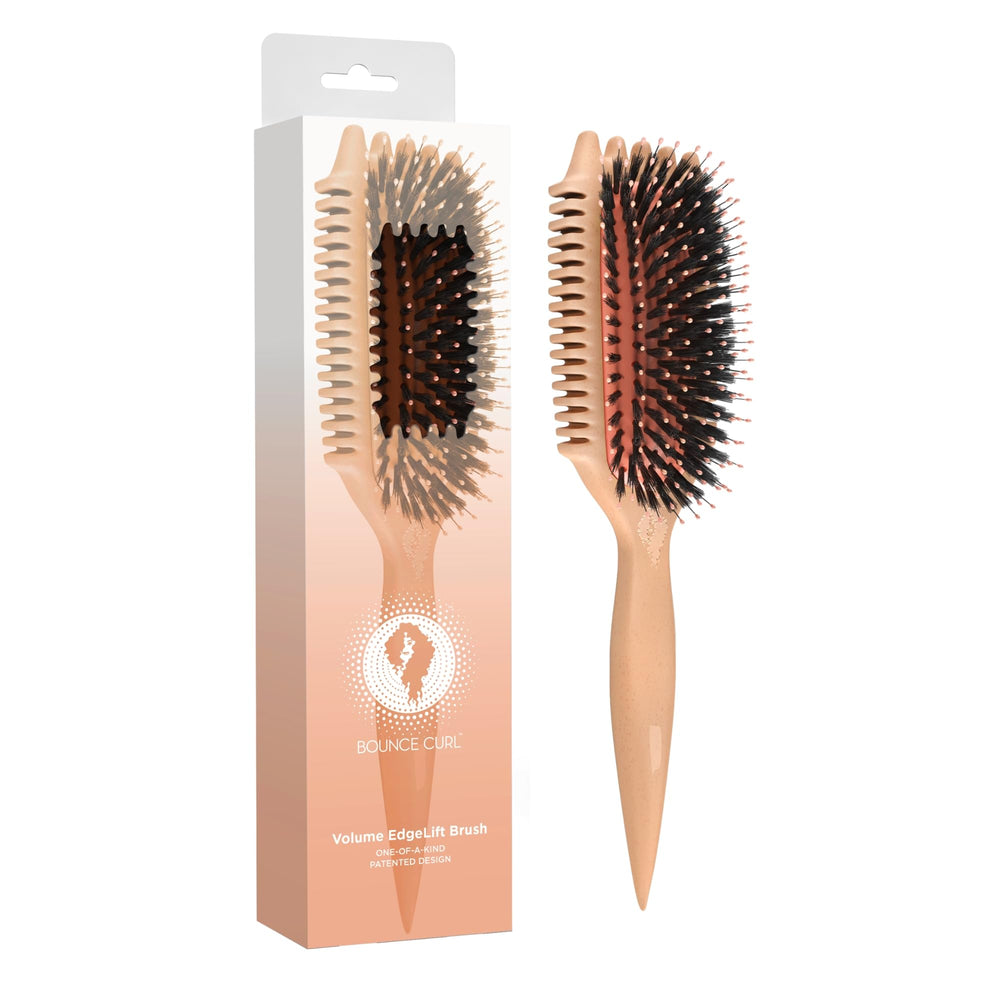 Bounce Curl front view showing peach brush design and ergonomic shape benefits