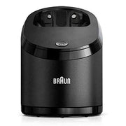 Braun clean & charge base front view showing controls and brand, restores convenience