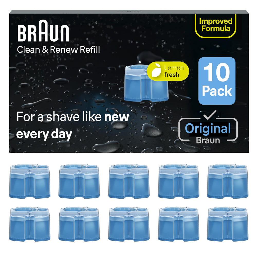 Braun front packaging of ten Clean & Renew cartridges showing contents and benefit