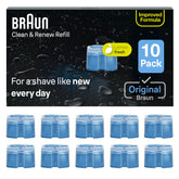 Braun front packaging of ten Clean & Renew cartridges showing contents and benefit