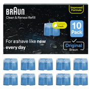 Braun front packaging of ten Clean & Renew cartridges showing contents and benefit