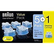 Braun Clean & Renew six-pack front packaging showing quantity and compatibility, ensures uninterrupted cleaning