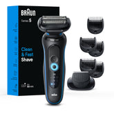 Braun Series 5 front view showing ergonomic blue body and fast shave