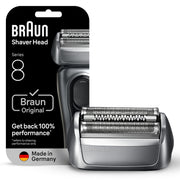 Braun Series 8 front packaging showing cassette and authenticity benefit