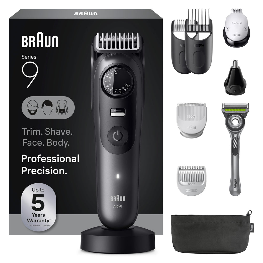 Braun Series 9 PRO front packshot showing full kit and accessories for versatile grooming