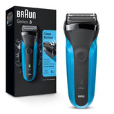 Braun Series 3 front view showing blue body and slim head for precise shaving