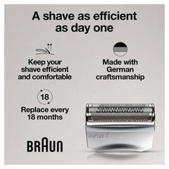 Braun Series 7 side profile mounted on shaver for better contour contact and comfort