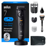 Braun Series 7 front kit view showing all attachments for versatile grooming