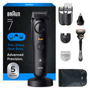Braun Series 7 front kit view showing all attachments for versatile grooming
