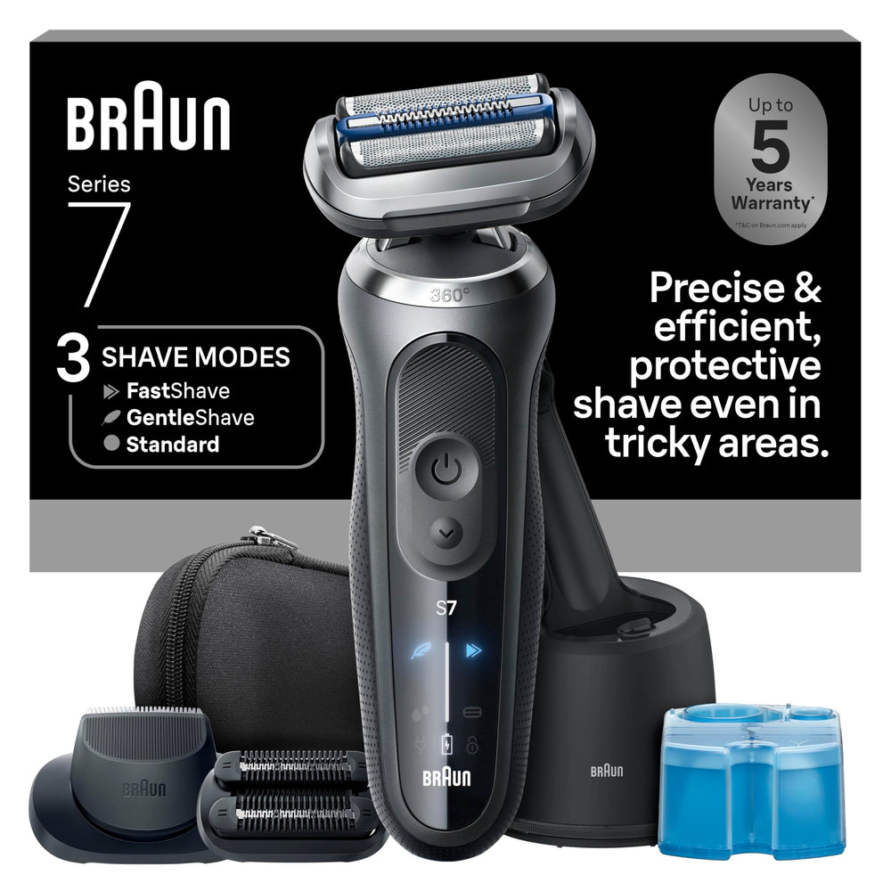 Braun Series 7 front view showing ergonomic design and grey finish for comfortable grip