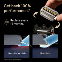 Braun Series 9 head attached on shaver demonstrating easy click-on replacement benefit