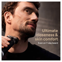Braun Series 9 PRO+ SmartCare Center cleaning station displaying automatic clean and dry benefits