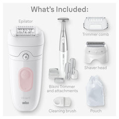 Braun Silk-épil 5 accessories spreaded showing included trimmer, shaver, and brush for versatility