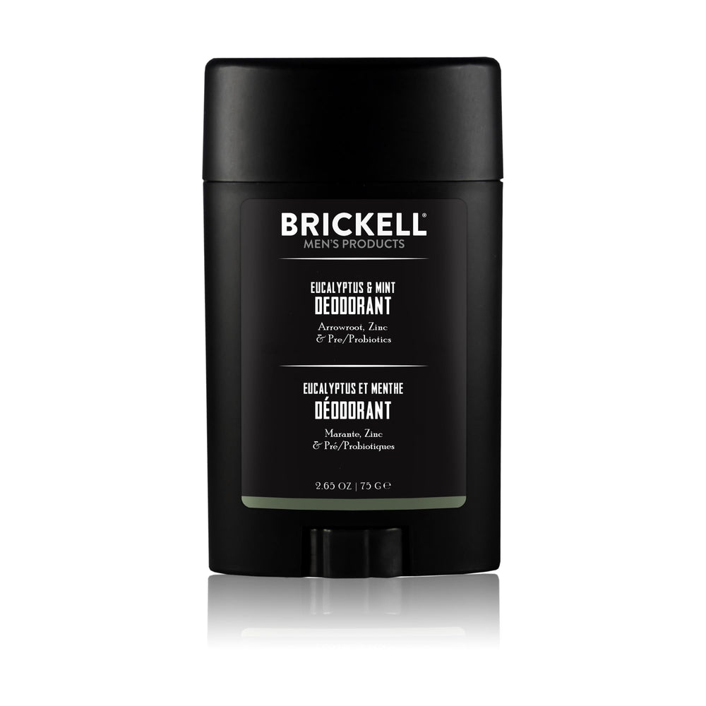 Brickell Men's Products front view of deodorant stick showing eucalyptus mint scent and compact size