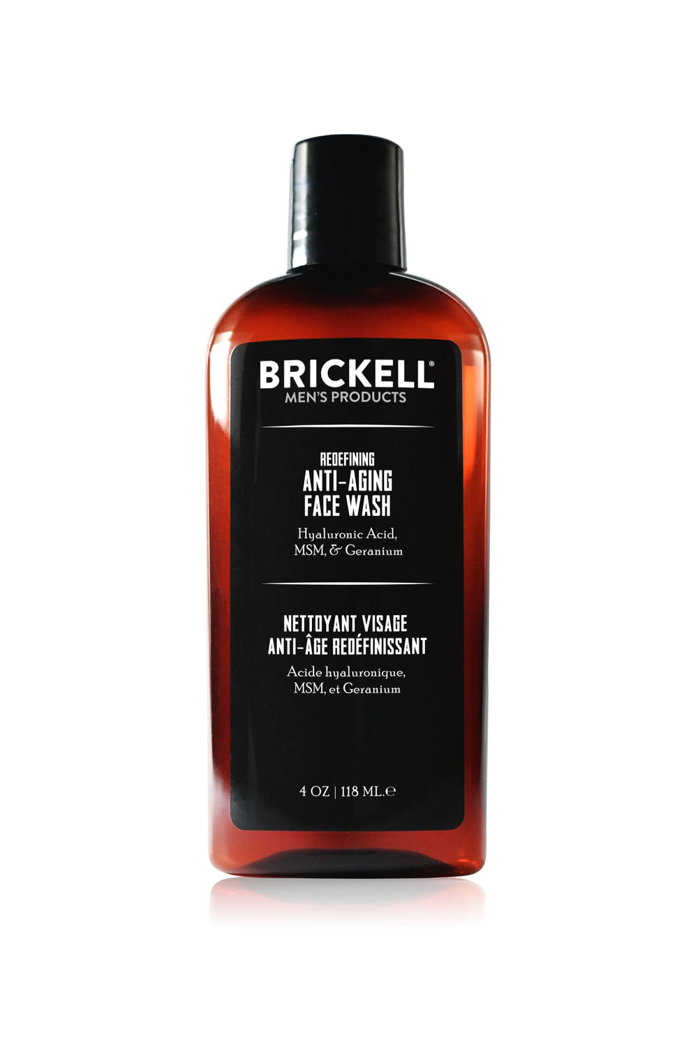 Brickell Men’s face wash front packaging shows bottle and branded label benefit: clean skin