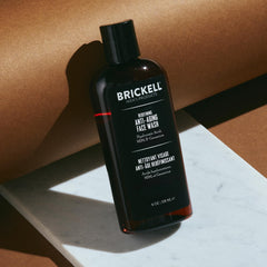Brickell Men’s pump and label closeup highlighting ingredients and easy dispensing benefit