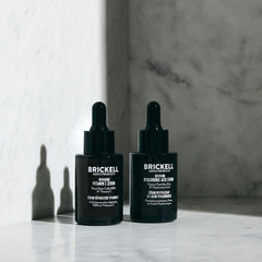 Brickell Men's Products night serum bottle close-up highlighting label and texture benefits