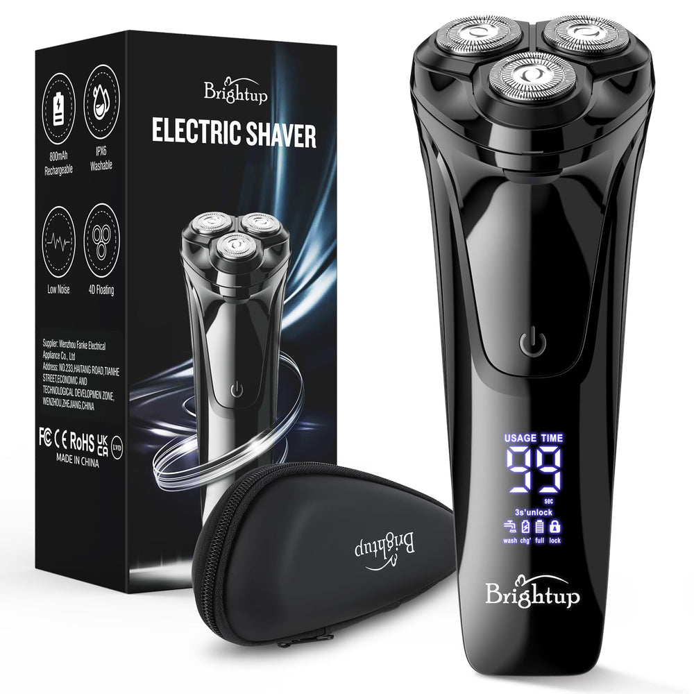 Brightup electric razor front view showing ergonomic design and blades benefit quick close shaves