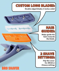 Bro Shaver angled razor head closeup showing stainless-steel bolt for precise shave